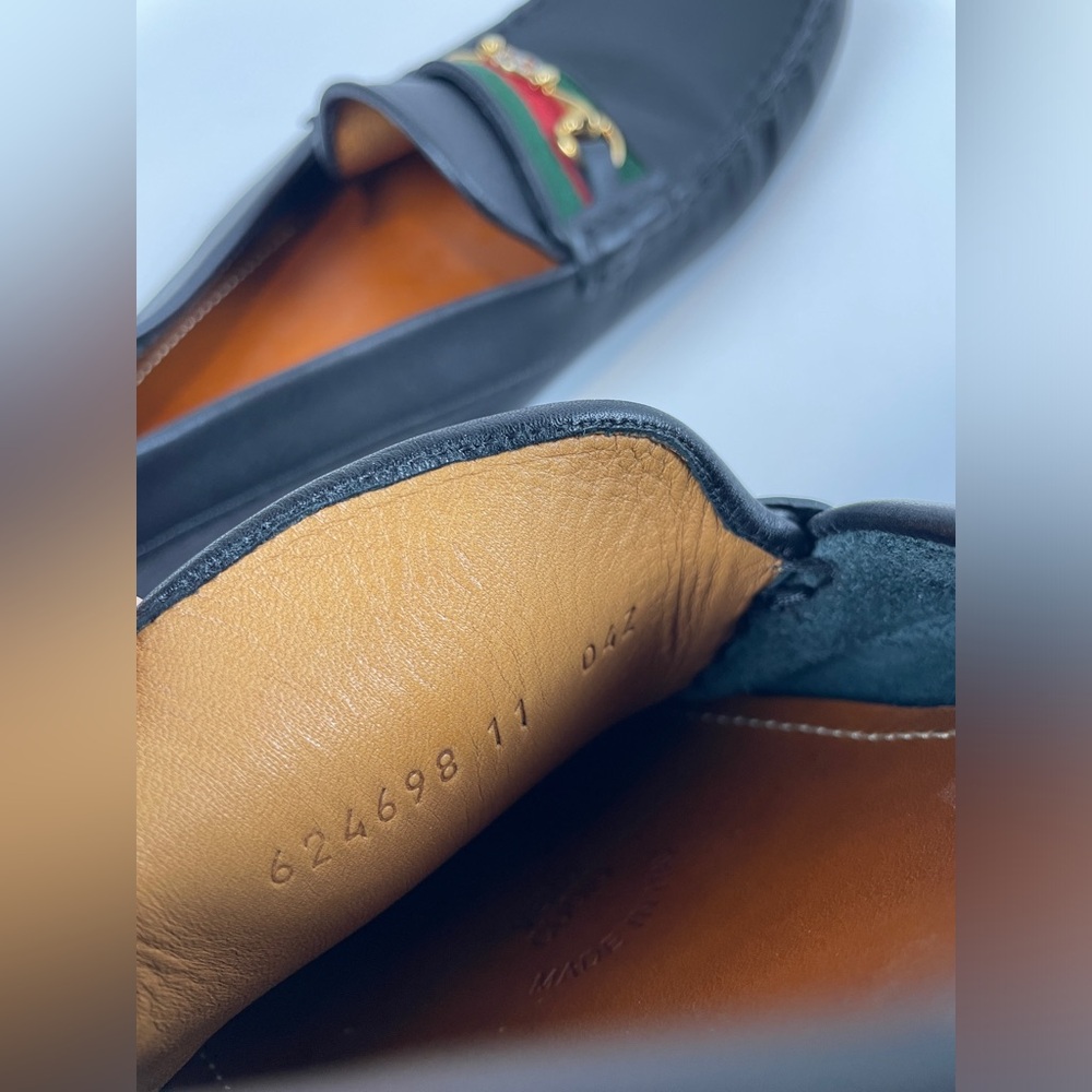 GUCCI Black Leather Driving Loafer Flat LOGO Horsebit Green Red Stripe MENS 11 - Picture 4 of 13